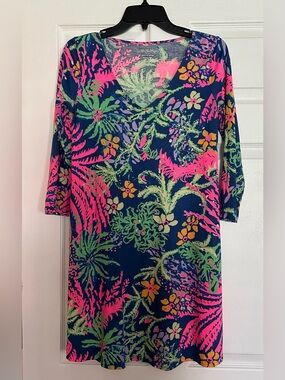 Lilly Pulitzer XS Pima Cotton Tropical Print Shift Dress Blue‎ Pink 3/4 Sleeve
